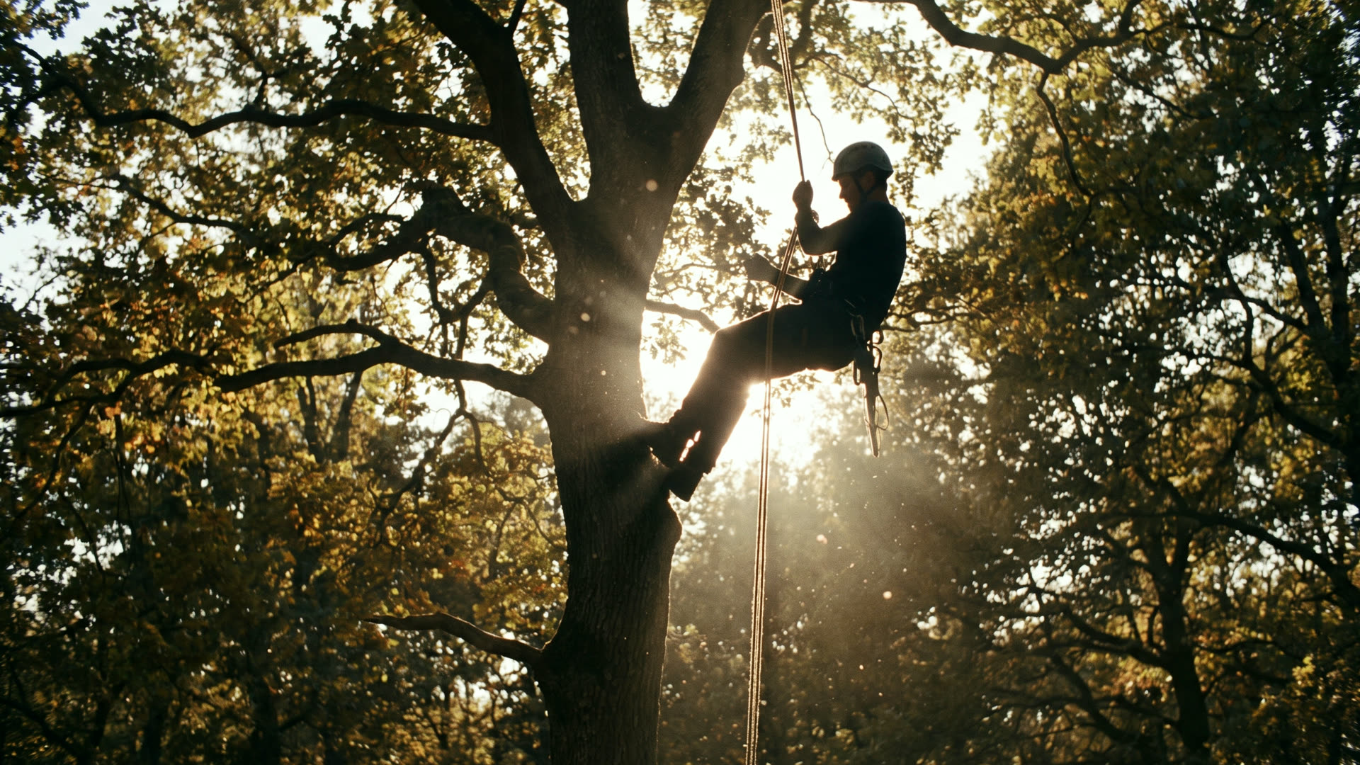 A climber on the rope high in a maple, the low sun flaring through the canopy behind
