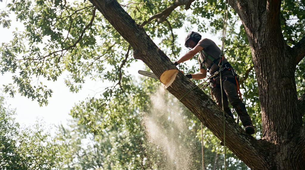 A fresh pruning cut on a maple limb, sawdust drifting in warm light