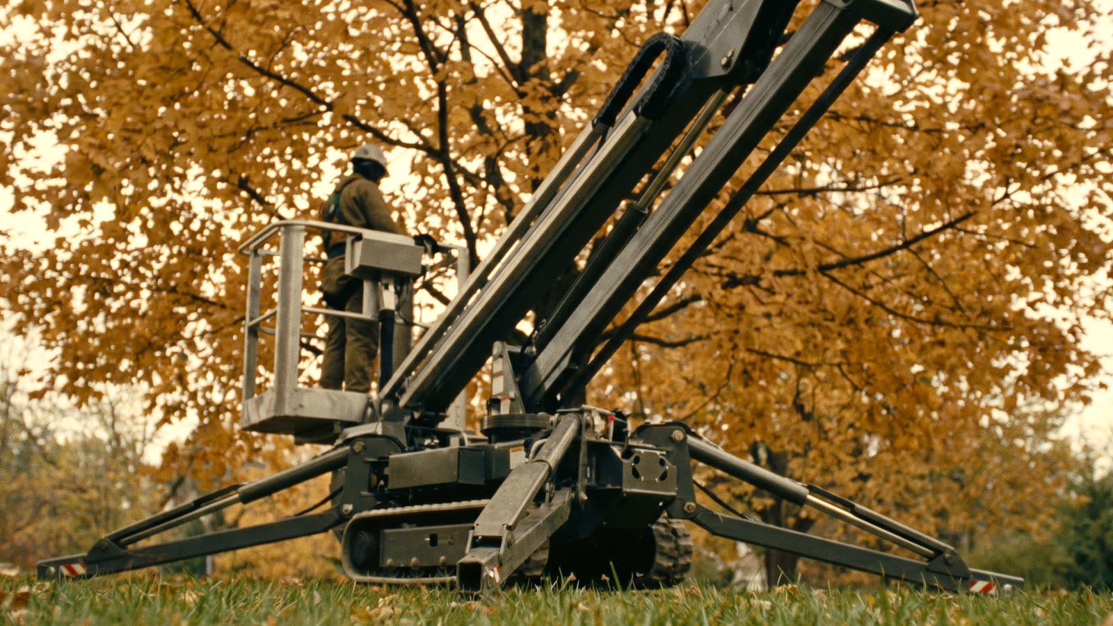 A crew member in the bucket of a tracked spider lift at canopy height, outriggers set on the lawn
