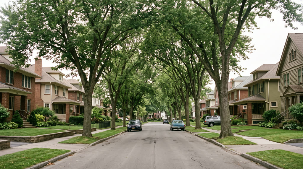 A tree-lined residential street in golden light