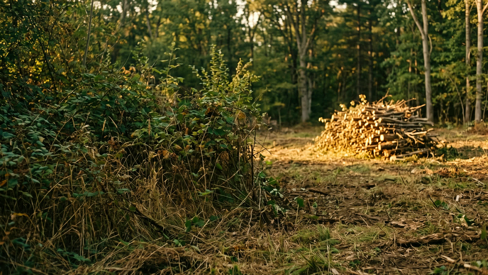 A half-cleared lot with the brush stacked in warm evening light