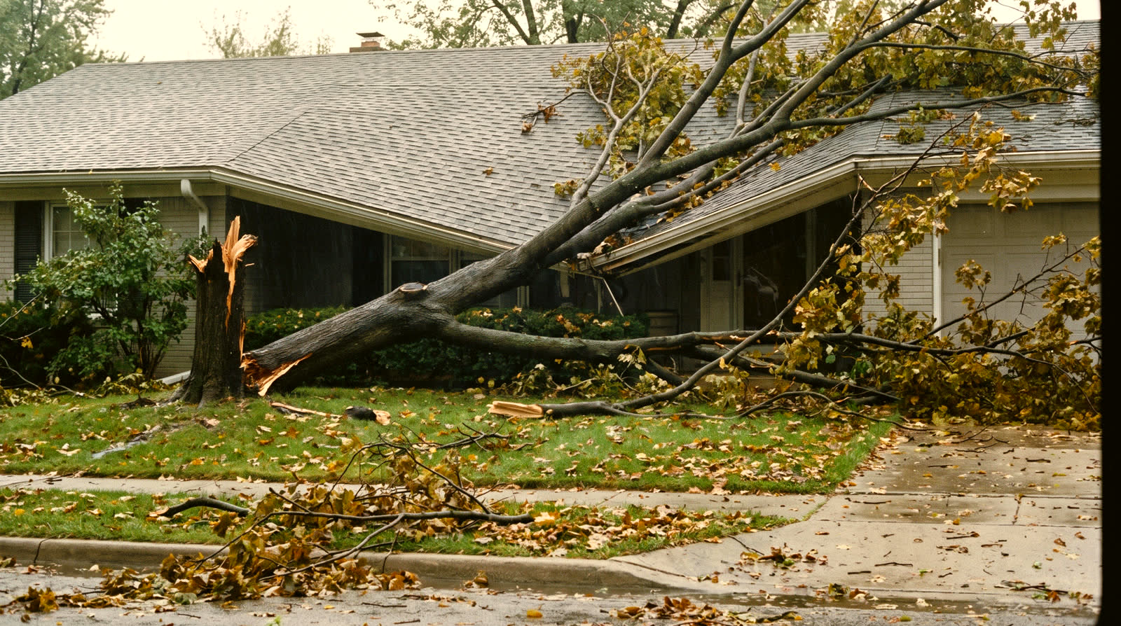 A storm-felled maple lying across the roof of a Buffalo home, leaves scattered on the lawn