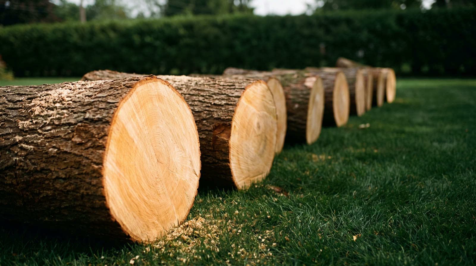 A removed maple trunk bucked into neat rounds lying on a lawn at golden hour