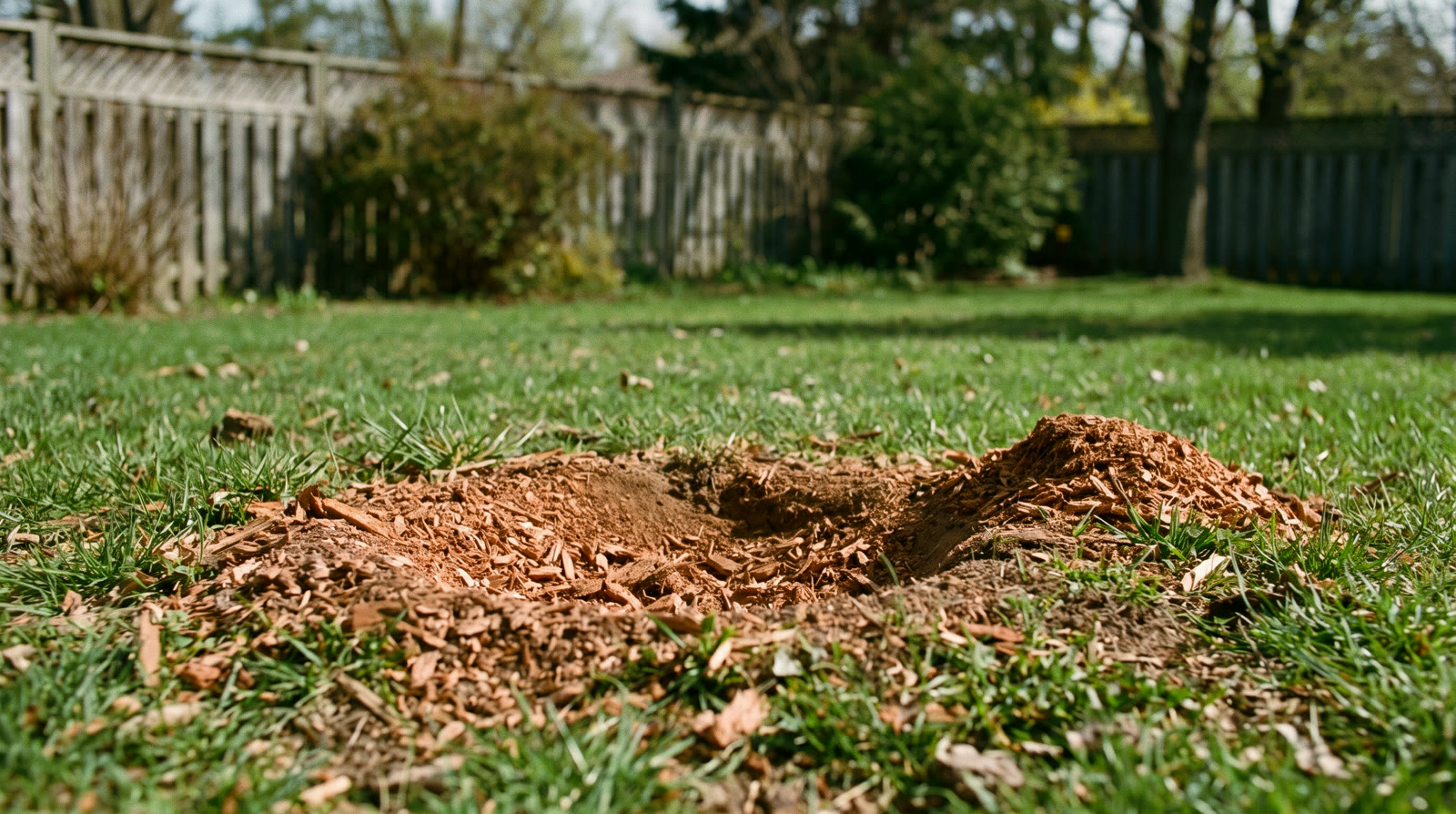 Fresh wood chips filling the spot where a stump was ground out of a green lawn